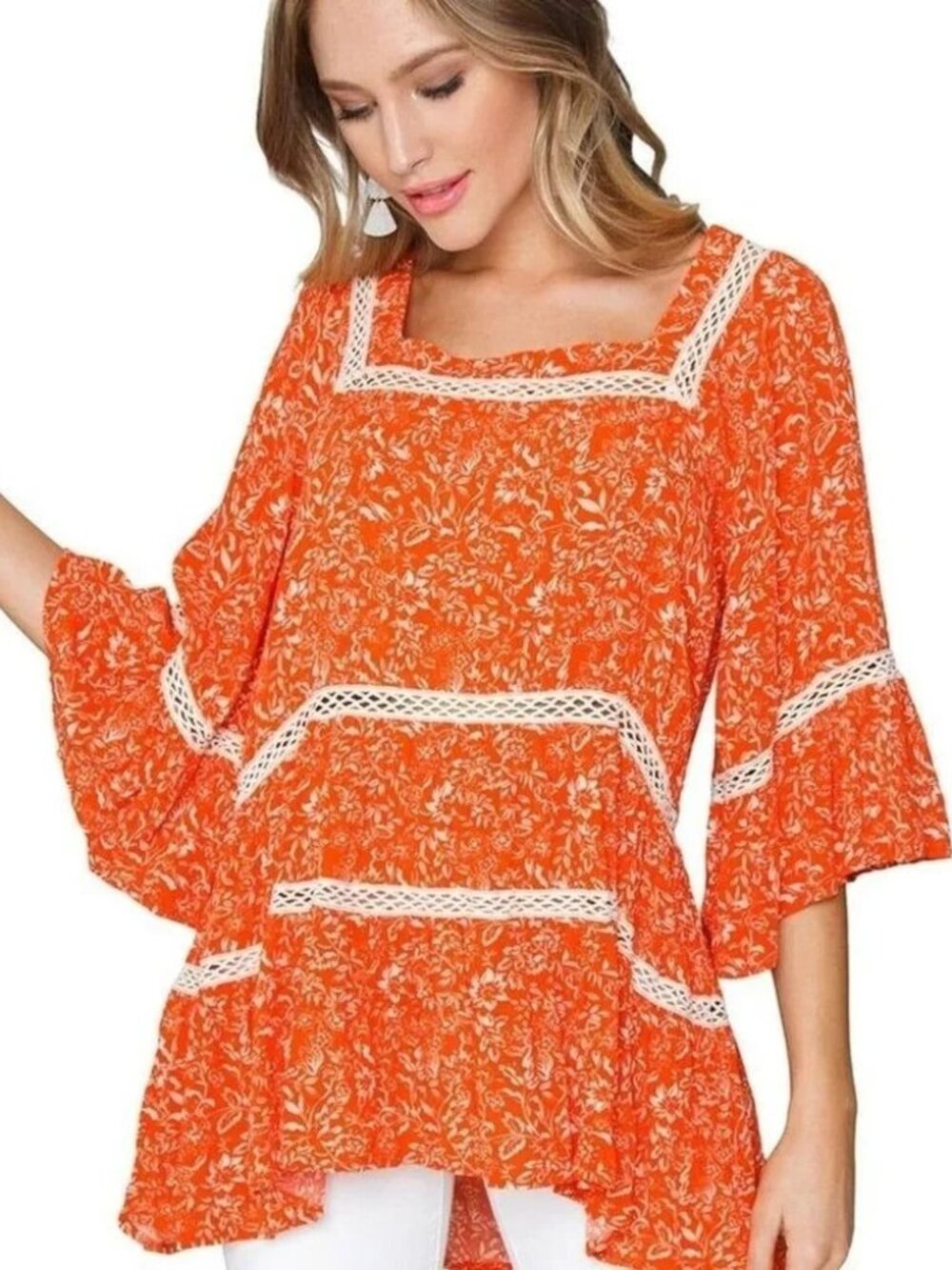 Free People Women Talk About It Tiered Tunic Orange Floral Bell Sleeves Travel M